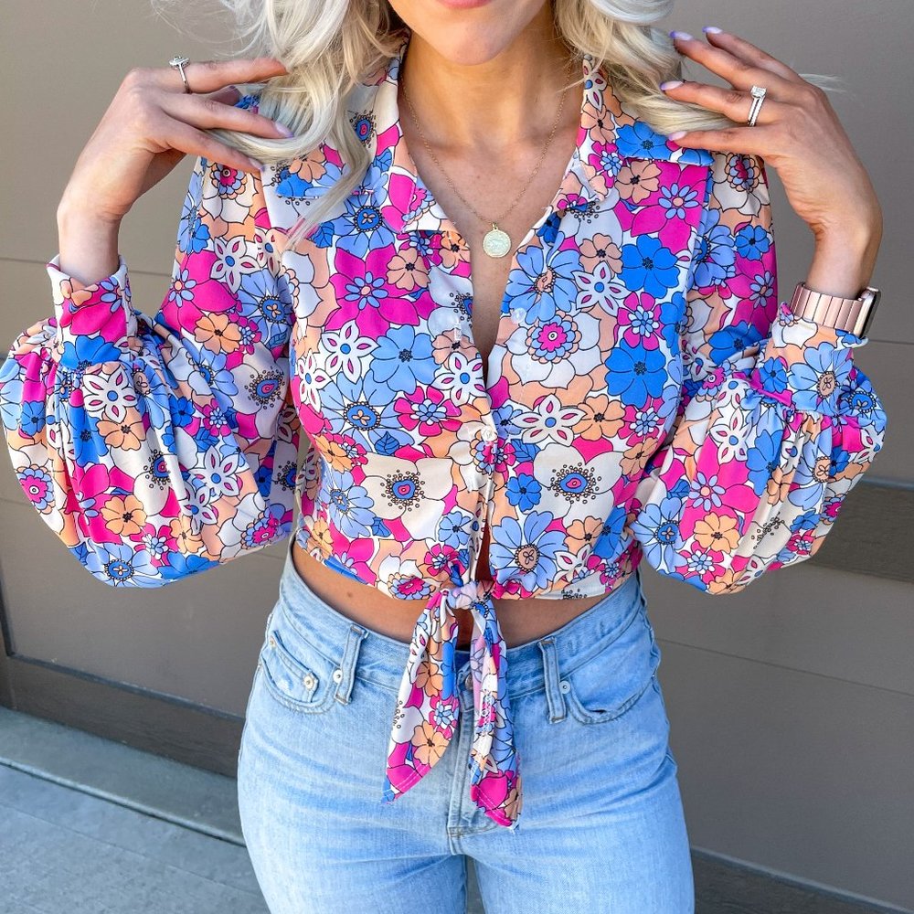 Floral Print Button Down Tie Front Cropped Top